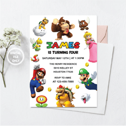 personalized file mario bros invitation, super mario birthday invitation, super brothers boy invite, video game, kid
