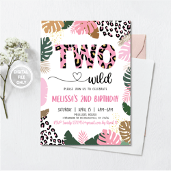 personalized file two wild birthday invitation for girl png, leopard gold safari jungle, girl wild two 2nd birthday