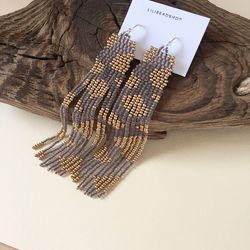 Long statement fringe beaded earrings with gold print - Dangling boho earrings - Unique handwoven high quality jewelry