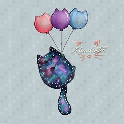 Cosmo cat with balloons. Cross stitch pattern pdf & css