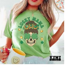 comfort colors skeleton st. patrick's day shirt, lucky mama shirt, mom st. patrick's day tee, vintage lucky skull shirt