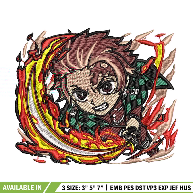 Tanjiro fire breathing chibi embroidery design, Kimetsu no Yaiba embroidery, anime design, logo shirt, Digital download.jpg