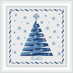 Cross stitch pattern Christmas tree ribbon silhouette abstract monochrome blue green pink holiday New Year patterns PDF