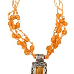 Handcrafted Orange Glass Beads Necklace with Silver Glass Stone Pendant for Women by Tanishka Trends