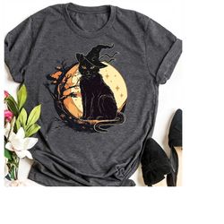 black cat halloween witch shirt, vintage black cat shirt, witch retro shirt, black cat on moon night, halloween shirt