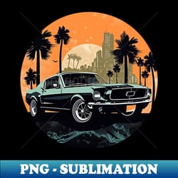 ford mustang inspired car in front of a vintage retro sunset city scapes - sublimation-ready png file - fashionable and fearless