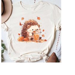 cute hedgehog fall shirt, hedgehog drinking coffee latte shirt, hedgehog autumn shirt, hedgehog lover shirt, hedgehog pu