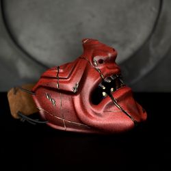 Samurai Half Mask - Red Mempo mask Damaged, Japanese Menpo Mask, Red Half Face mask cosplay