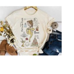 disney beauty and the beast characters sketched t-shirt, belle princess shirt, disneyland trip family matching outfits,