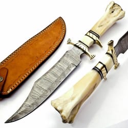 custom handmade damascus steel hunting camping big bowie knife w camel bone