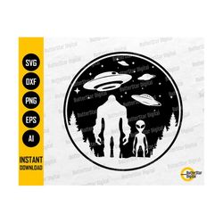 Bigfoot And Alien Under The Moon SVG | Monster Shirt Decal Vinyl Sticker | Cricut Cut File Silhouette Clip Art Vector Di