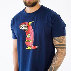 funny men's t-shirt with print, flash sloth, blue, cool nerd gift for him - large sizes, round neck, s - 5xl