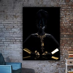 black and gold african woman painting, black woman wall art with gold detail-1