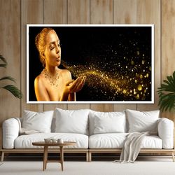 glittering woman wall decor, gold haired woman canvas, golden woman, long haired woman art, blonde hair art