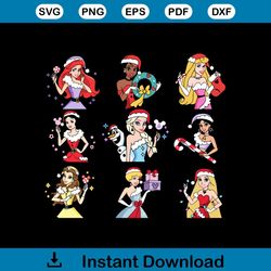 princess christmas svg disneyprincess png bundle set 9 cliparts princesses , ariel tiana aurora snow white elsa belle ,