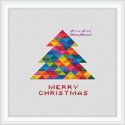 Cross stitch pattern Christmas tree silhouette geometric polygonal abstract triangles rainbow holiday New Year PDF