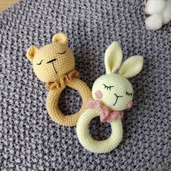 Natural Baby Toys Cotton Crochet Bunny Teether. Teether toy for babies bear gift. Christening gift for mom.