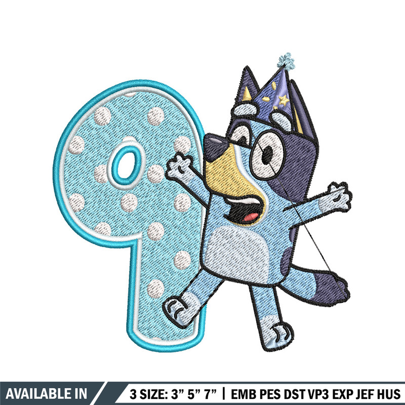Bluey 9th Birthday Embroidery design, Bluey Cartoon Embroidery, Disney Embroidery, Embroidery File, digital download.jpg