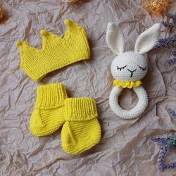 Gift box for baby set orange rodents bunny, crown, booties. Christening or expecting a baby. Gift set for a newborn baby