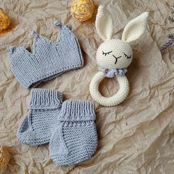 Gift box for baby set gray rodents bunny, crown, booties. Christening or expecting a baby. Gift set for a newborn baby
