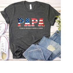 personalized papa flag with grandkids shirt, happy father's day shirt, papa shirt, papa american flag grandkids