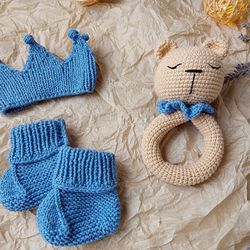 Gift box for baby set blue rodents bear, crown, booties. Christening or expecting a baby. Gift set for a newborn baby