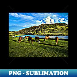 Horses grazing on the green field near the river vibrant landscape photography - Premium PNG Sublimation File - Enhance Your Apparel with Stunning Detail