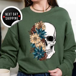 bloom skull sweatshirt, halloween sweatshirt, floral skull boho, womens fall sweater, flower skull skeleton crewneck, sk
