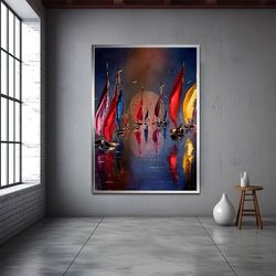 Sea Landscape Art, Printed Painting, Landscape Wall Art, Boat Art, Landscape Art, Sea And Boat Art