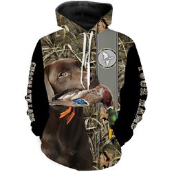 chocolate labrador retriever duck hunting with dog waterfowl camo custom name all over printed shirts, personalized gift