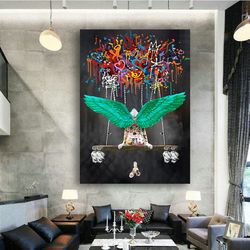 angel canvas, green winged angel painting, graffiti angel poster, ready to hang product, gift for lover