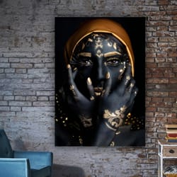 black and gold african woman painting, black woman wall art with gold detail