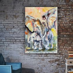 elephant family painting, elephant canvas print, elephants office decor, elephants canvas print