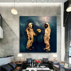 astronaut couple canvas, love astronauts art, astronaut giving flowers to his wife, abstract astronaut poster, astronaut