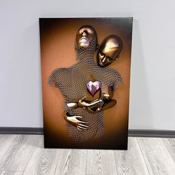 bronze 3 d effect love couples, love painting, bronze house art, red heart love art, erotic couple canvas with chain