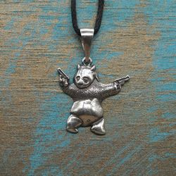 Panda with guns pendant, Sterling silver necklace, Made to Order, Bear lover gift