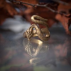 Snake Adjustable handcrafted ring. Brass Snake wraps around finger. Present for her. Pagan scandinavian jewelry