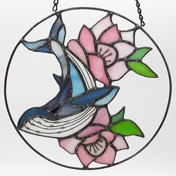 stained glass whale ornament, stained glass window hanging, stained glass whale suncatcher, stained glass moon flower