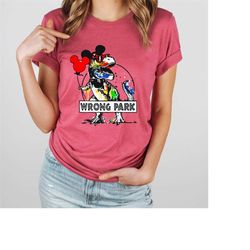 wrong park tee, disney 2023 with tyrannosaurus, disneyland & jurassic theme fusion, dinosaur fan shirt