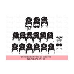 messy bun svg, messy bun skull svg, messy bun with glasses svg, mom skull svg, mom life svg, messy bun eyelashes svg, me