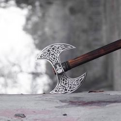double axe with leather sheath, valknut viking axe, double headed axe, large battle axe, handmade gifts, viking axes