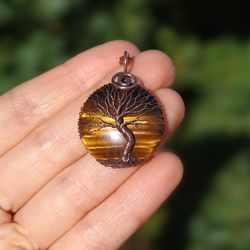 Wire Wrapped Tigers Eye Ethnic Tree Of Life Pendant Necklace for Men/ Women, Viking Yggdrasil Jewelry, Protection Amulet