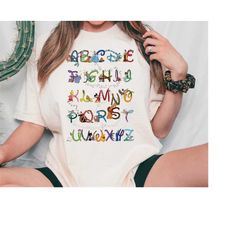 disney teacher alphabet a-z characters shirt, abc tee, educator gift, kindergarten teacher apparel, matching disneyland