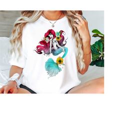 ariel floral watercolor outline tee - disney little mermaid inspired, unisex adult & kid's magical journey shirt for mag