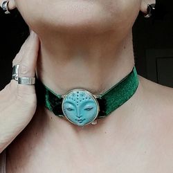 Necklace-choker on a velvet ribbon, Metal choker, Polymer clay face. Unique necklace
