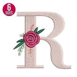 Floral Alphabet R Letter embroidery design, Machine embroidery pattern, Instant Download