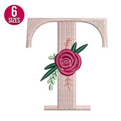 Floral Alphabet T Letter embroidery design, Machine embroidery pattern, Instant Download