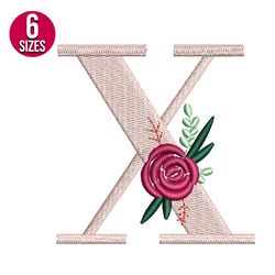 Floral Alphabet X Letter embroidery design, Machine embroidery pattern, Instant Download