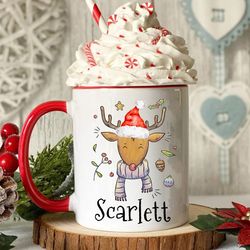 custom name christmas gift, cute hot chocolate mug, personalized reindeer christmas gift for kids, ceramic coffee mug, c