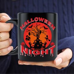 halloween night, haunted house, owls, bats, ghost and witch riding broomstick, horror halloween, gift for friends, funny